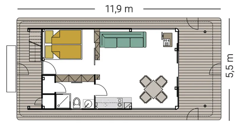 Půdorys houseboatu VIP Living – rozmístění obytného prostoru, ložnice, koupelny a obou teras